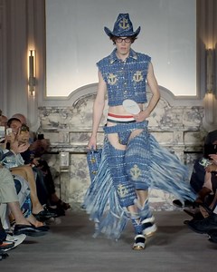 9.5M views · 73K reactions | … yeehaw … thom browne men’s spring 2023 look 66. sleeveless cropped jacket in blue denim ribbon tweed with bugle bead top stitch detail, bullion anchors embroidery and frayed edge chaps. discover now: https://bit.ly/3xWvEoe #thombrowne #thombrowness23 | THOM BROWNE. | Facebook