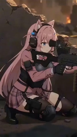 Pink cat girl use machine gun， Taking a battle #anime #ai #memes #catgirl #war