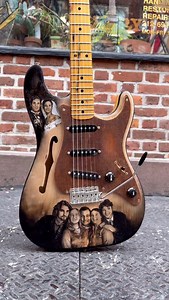 @cindyguitars pyrography portraiture on the latest Rick Kelly Carmine Street Guitars custom build. @dimarzioinc area58/area67/area58 pickups. Old growth spruce neck from Greenpoint. Maple top on old growth NYC pine body. Skimtop pickguard and back. Weighs 6 lbs 2 oz even with a steel block trem. 🔥🔥🔥 | Cindy Guitars