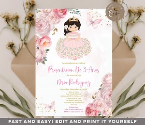 Editable Pink Presentación De Tres Años Invitación Niña, Elegant Pink Flowers Cute Girl 3rd Birthday Mexican Gold Crown Glitter Invite, S512 - Etsy