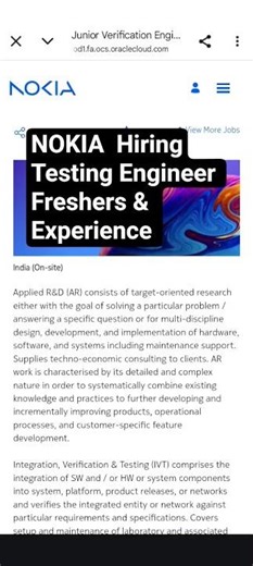 Nokia Hiring Testing Engineer Freshers &Experience