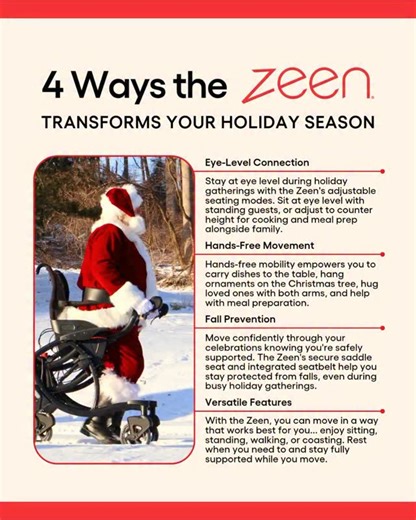 Zeen Mobility Device on Instagram: "💛 4 Ways the Zeen Transforms Your Holiday Season The holidays are about connection, celebration, and being present with the people you love. For Zeen users, the device makes it possible to fully participate in holiday moments that matter most. 🎄 Eye-Level Connection - Stay at eye level with standing guests around the kitchen island, or adjust to counter height for cooking and meal prep alongside family. 🤗 Hands-Free Movement - Carry dishes to the table, han