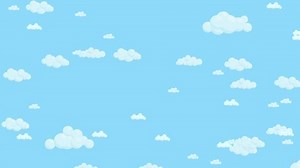 Blue sky full of clouds moving down. Cartoon sky animated background. Flat animation.
