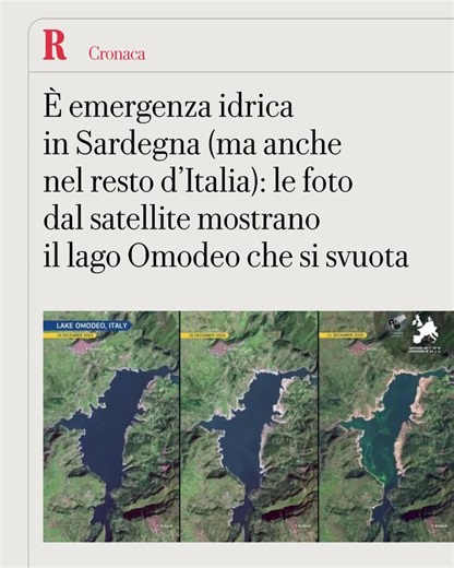 L’Italia è già in crisi idrica: dal lago dimezzato alla neve insufficiente, allarme per l’Appennino. Impressionanti le immagini satellitari del lago Omodeo calato drasticamente. Anche quelli di Albano e Nemi sono in sofferenza. Preoccupa il livello nivale: siamo a -61% rispetto alla media del periodo. L'esperto: "Speriamo in nevicate a gennaio, ma l'Appennino preoccupa molto". L'articolo di Giacomo Talignani su Repubblica #rep | la Repubblica