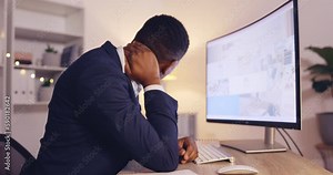 Office problem, neck pain or business black man with medical anatomy injury, emergency crisis or fibromyalgia. Mental health, accounting stress burnout or male night accountant with bad muscle strain