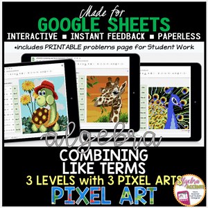 GOOGLE SHEETS Algebra 1 Digital Resource Pixel Art Math Combining Like Terms