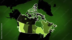 Canadian map with Airports, Roads and Railroads. Green. This video is entirely loopable and also has 2 loopable sequences from frame 80 to frame 465 and from frame 465 to frame 805.