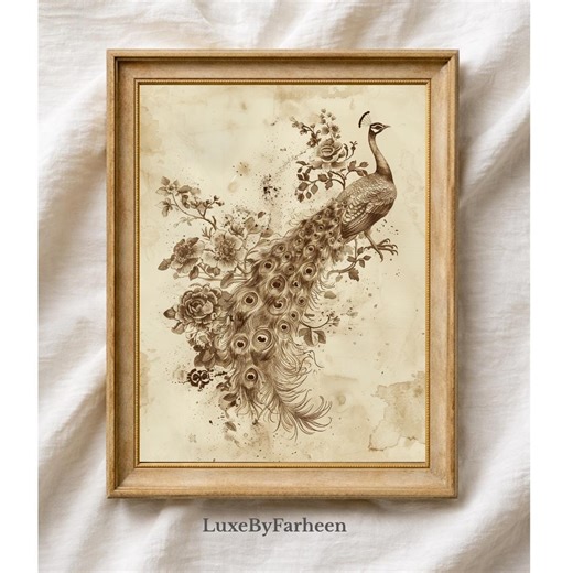 Vintage Peacock Wall Art Printable, Feather Artwork, Bird Wall Hanging, Botanical Floral Decor, Peacock Lover Gift, Tropical Home Decor - Etsy