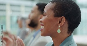 Happy, business people and meeting applause for workshop, presentation and news, thank you or job praise, Professional woman with group clapping, funny celebration and congratulations or support