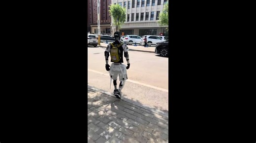 Robot wearing backpack trips on street gutter in Inner Mongolia, China