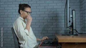 Freelancer solve e problems remotely. A view of happy woman working on distance and solve online problems.