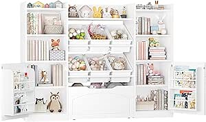 FINETONES 55” Toy Storage Organizer with 6 Toy Bins, 5-in-1 Large Kids Bookshelf with Movable Chests and 2-Tier Shelf Door, Toy Organizers and Storage Playroom Storage with Drawer, White