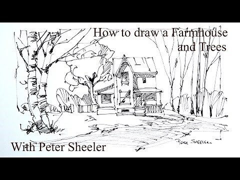 How to Draw a Farm House and birch trees. 4x speed, Quick Fun and Easy. With Peter Sheeler