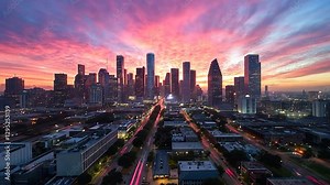 Vibrant sunrise over city skyline, traffic trails