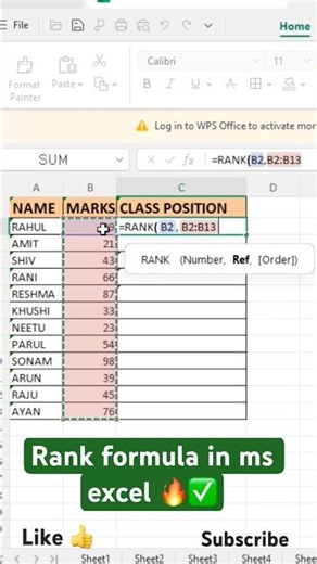 Rank formula in ms excel 🔥✅ #excel #exceltips #exceltricks #youtube #subscribe #excelshorts #new
