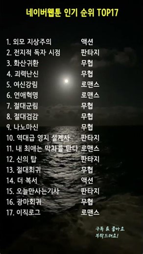 네이버웹툰 인기 순위 TOP17 #웹툰추천 #네이버웹툰 #인기웹툰 #웹툰순위