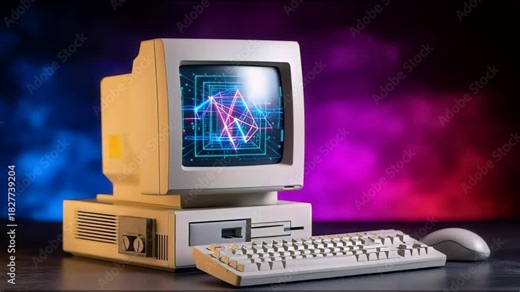 Vintage Computer with Graphics: A nostalgic look at a classic computer setup, with the screen displaying vivid graphics, a keyboard, and mouse, a tribute to the evolution of technology