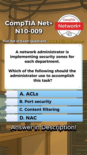 DailyDebian on Instagram: "A. ACLs. Access Control Lists are used to define and enforce traffic rules between network segments, allowing the administrator to control which departments can communicate with each other and which traffic is permitted or denied. This is how logical security zones are implemented and enforced at routers, firewalls, or layer 3 switches. Why The Other Options Are Incorrect B. Port security. Port security restricts which devices can connect to a specific switch port, typ