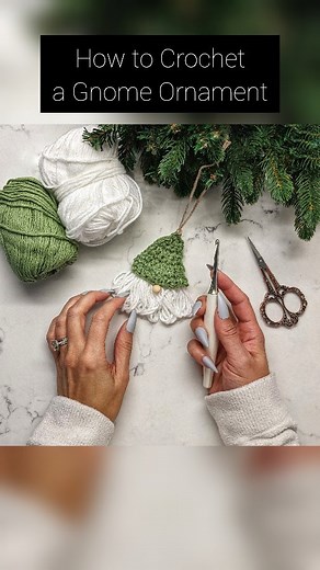 OTH Crochet Nook - April Gopwani on Instagram: "🎄Crochet a Gnome Ornament! So easy! The beard will take you less than a minute! Comment GNOME and I'll send the link to the full slower video tutorial! 🎄Full pattern below PATTERN: Gnome Ornament Cotton yarn, weight 4(green, white) Hook:4.5mm HAT: Ch 3 Row 1: 2sc in 2nd chain, 2sc in 1st chain, turn Row 2: Ch 1, SC across, turn. (4) Row 3: Ch 1, sc, 2sc, 2sc, sc, turn (6) Row 4; Ch 1, sc across (6) Sl st, fasten off. Weave in ends. BEARD: Wrap wh