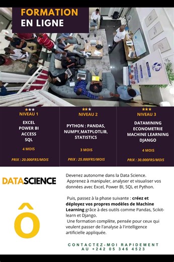 Transformez vos données en décisions. Devenez un pro de la Data Science. Apprenez à analyser, visualiser et prédire grâce aux outils phares : Python, Excel, Power BI, et bien plus. Une formation 100% pratique, pensée pour les professionnels et les débutants motivés. #DataScience #FormationEnLigne #AnalyseDeDonnées #Python #PowerBI #ExcelAvancé #CarrièreNumérique #Compétences2025 #FormezVous