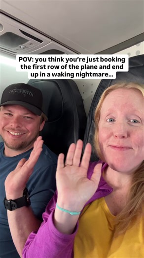Just waving hi to everyone on THE ENTIRE PLANE since we’ll be facing them the whole flight… 🫣🫠 💜Follow @KatieOSheaAway for all the specific details you need to plan your dream trips around the world! What would you do if this happened to you?? Everyone on the plane staring at you do the entire flight is a special experience… 😳😳😳😂 I’m sorry but who designed this plane and why?!? Aside from this seating glitch in the matrix, we always get asked HOW we find such good flight deals to be able 