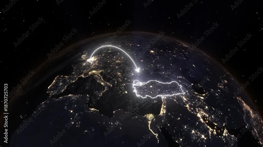 Realistic 3D Earth Night Flight Path Arc from Brussels Belgium to Istanbul Turkey