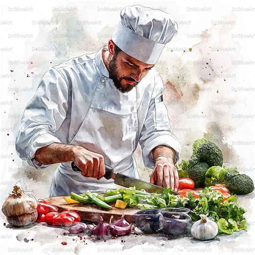 24 Chef Cooking Clipart, Chef Cutting Vegetables in Kitchen Food Scene, Watercolor Printable JPG 300 DPI, Scrapbook, Junk Journal - Etsy