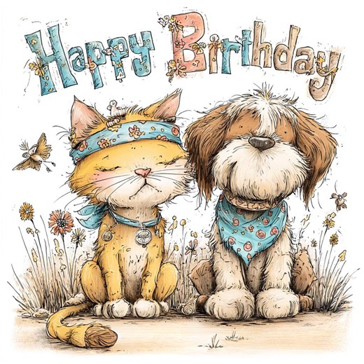 Hippie Cat and Dog Birthday CLIPART, Boho Animal Friends, Whimsical Ink Illustration, Retro Party Art, Playful Folk Characters - Etsy