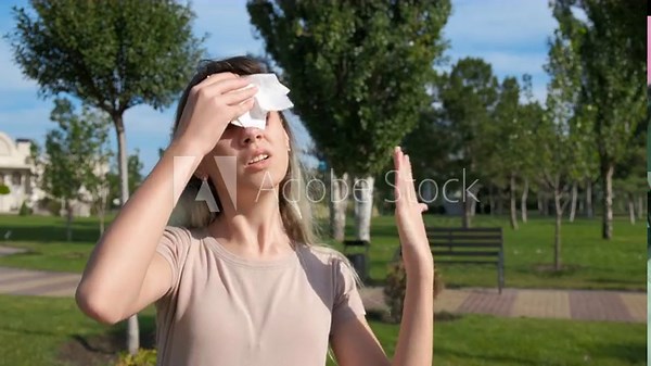 Girl during sweltering heat. A view of teen suffering from heat in the sun rays during park promenade.