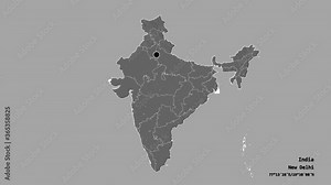 Arunachal Pradesh, state of India, with its capital, localized, outlined and zoomed with informative overlays on a bilevel map in the Stereographic projection. Animation 3D