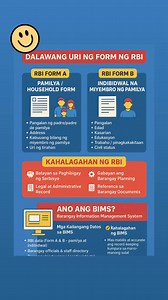 📒 Dalawang Uri ng Form ng RBI (Registry of Barangay Inhabitants) 1. RBI Form A – Pamilya / Household Form 👉 Nakalagay dito ang impormasyon tungkol sa buong pamilya o sambahayan, gaya ng: • Pangalan ng padre/padre de pamilya • Address • Kabuuang bilang ng miyembro ng pamilya • Uri ng tirahan 2. RBI Form B – Indibidwal na Miyembro ng Pamilya 👉 Para ito sa bawat miyembro ng sambahayan. Nakalagay ang: • Pangalan • Edad • Kasarian • Edukasyon • Trabaho / pinagkakakitaan • Civil status ⸻ ⭐ Kahalaga