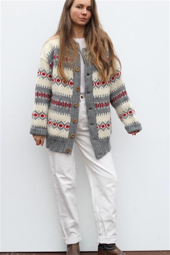 Vintage Fair Isle Wool Cardigan Sweater Unisex Large Beige Red Grey Knit, Cozy Oversized Grandpa Christmas Sweater, Geometric Print - Etsy