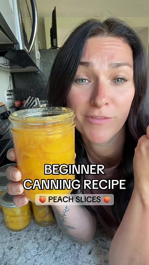 CANNING PEACHES 🍑 INGREDIENTS 12lbs yellow flesh peaches peeled, pitted, and sliced 2 1/4c sugar 5 1/4c water Makes about 8-10 pints or 4-5 quarts INSTRUCTIONS In a stainless steel saucepan, combine sugar and water. Bring to a boil over medium high stirring until sugar is dissolved. Reduce heat and keep warm. Prepare canner jars and lids. One layer at a time, add your sliced peaches to the saucepan with your light syrup. Heat the peaches through over medium heat, gradually adding more. Using a