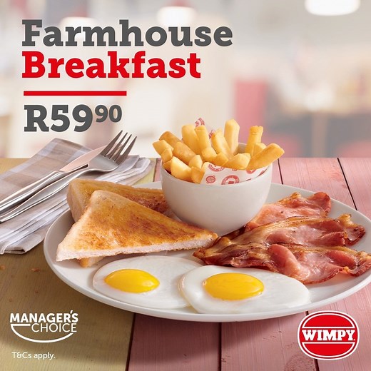 Three rashers of back bacon, two eggs, chips and toast for only R59.90? It’s the Wimpy Farmhouse Breakfast and you’ll definitely enjoy it. | Wimpy SA