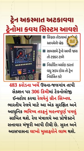 Kavach Safety System to Be Installed to Prevent Train Accidents 🚆🛡️ In a major boost to railway safety, the Railway Ministry has given official approval to install the Kavach train protection system on the Udhna–Jalgaon Tapi section. With an investment of ₹483 crore, advanced safety technology will be deployed across 306 km of railway track. This project marks a significant step towards a safer and more modern future for Indian Railways, benefiting lakhs of passengers in Surat and surrounding 