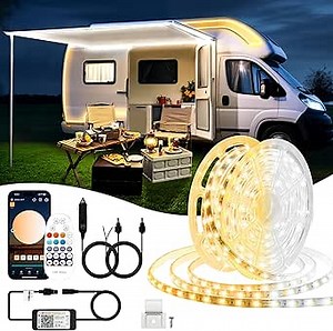 33FT 12V White RV Awning Led Light Strip Dimmable 3000-6500K, IP67 Smart APP RV LED Exterior Lights Interior with RF Remote, Camper Awning Lights for Motorhome, Food Truck (Warm&Cool white, 33FT)