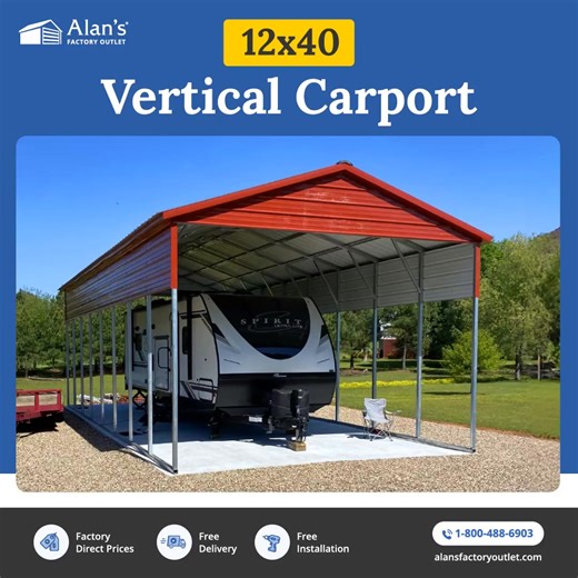 8.8K views · 15 reactions | Bigger vehicles need bigger protection ✨ Our 12x40 Vertical Carport is perfect for trucks, RVs, boats, and multiple cars giving you the space and durability you need, backed by factory-direct prices, free delivery, and free installation. Customize yours in minutes with our 3D Builder Tool and bring your ideal carport to life  https://alansfo.com/3FXqDUd | Alan's Factory Outlet | Facebook