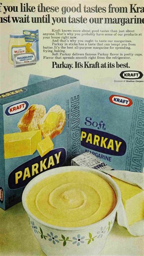 Butter-flavored margarine? 🤔 I know, ‘maybe just buy butter,’ right? But Parkay had their reasons. Parkay corn oil margarine, introduced by the Kraft Foods Company in 1937, quickly gained a reputation for its smooth texture and rich flavor, which closely resembled butter. During the World War II era, butter was in short supply, and Parkay became a popular alternative. The product became a success because a lot of people liked the taste, but it was also thanks to the clever marketing. This comme