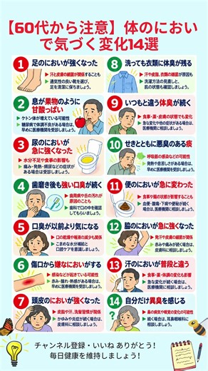 【60代から注意】体のにおいで気づく変化14選 #体のにおい #体臭の変化 #口臭 #尿のにおい #健康のサイン #体調管理 #健康雑学 #シニア健康 #60代からの健康 #70代からの健康