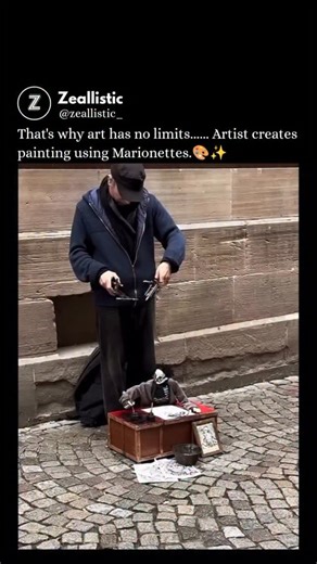 Zeallistic on Instagram: "Creating art with marionettes is a mesmerizing blend of performance and painting, where the artist relinquishes direct contact with the canvas to embrace a delicate, string-bound distance. By attaching brushes or ink-soaked sponges to the limbs of a puppet, the creator transforms the act of painting into a rhythmic dance, using a wooden control bar to dictate every stroke and splatter from above. This method introduces a fascinating element of “controlled chaos”; the na