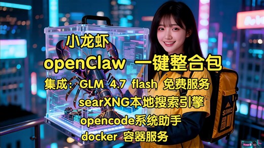 OpenClaw一键整合包，内置OpenClaw、接入GLM 4.7 Flash、本地搜索引擎SearXNG、系统助手opencode、Dokcer