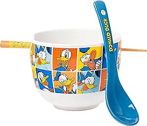 Silver Buffalo Disney Donald Duck Expressions Ceramic Ramen Noodle Rice Bowl with Chopsticks and Spoon, Microwave Safe, 20 Ounces
