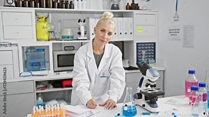Confident young blonde woman scientist, all smiles while taking diligent notes in the bustling lab, bridging science and beauty. a beacon of hope in medical research.
