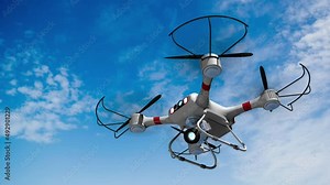 4 propeller drone equipped with camera stabilizer flying under a blue sky with its camera rotating its axes while taking photos. 3D Animation