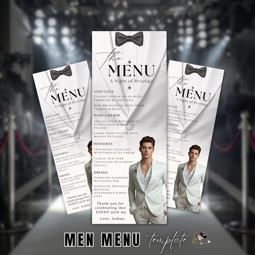 All White Tuxedo Menu Card, Boy Prom Party Menu With Photo, Men Birthday Dinner Menu, Retirement Menu, Bow Tie Menu Printable Template - Etsy