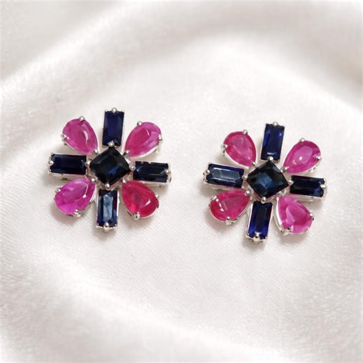 Floral Cluster Stud Earrings,ruby Sapphire Flower Stud Earrings,multi-stone Floral Studs - Etsy