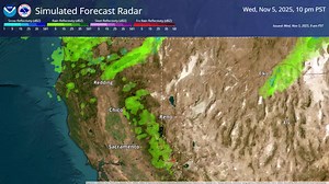 A look at forecast radar for today! Elevations above 7500 ft. report steady snowfall, take caution if you plan to travel over passes today. A snow/rain mix will transition for the passes this afternoon. Valleys will see all wind and rain, with blowing dust over some desert sinks. | US National Weather Service Reno Nevada