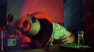 Caucasian man passed out for drinking tequila shots alone in bar. 4k