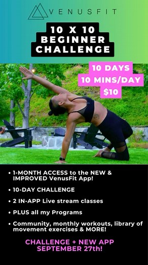Move Better. Feel Awesome! Train function and you WILL get both mobility AND strength! Hi, I’m Coach Venus (45 years young) and I specialize in helping people improve their mind-body connection w movement and making exercise feel awesome from BEGINNER to BADASS!! THIS VIDEO is a Clip from upcoming 10 Day VenusFit Beginner challenge! 🗓️ Starts Friday Sept 27th with Live-in-App 📱Class @ 4 pm pst! ALL CLASSES are recorded if you can’t make live class! ✅ This simple challenge is beginner flow move