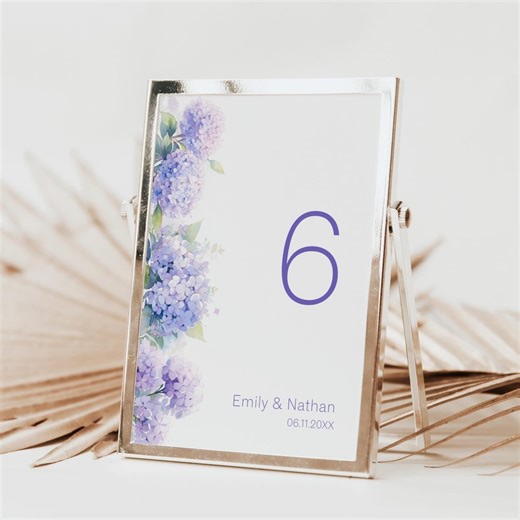 Table Numbers Wedding Printable Hydrangea | Colorful Floral Template | Soft Dreamy Purple Watercolor Flower Side Border | Canva Editable PDF - Etsy